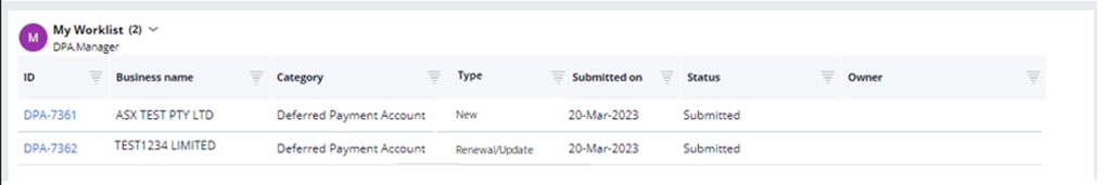 Image showing screenshot of worklist with new ‘Type” column for work queue for Customs Deferred Payment Account