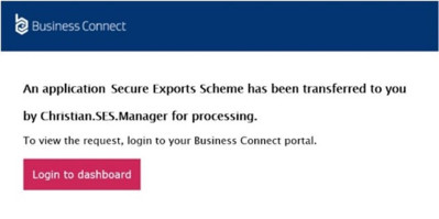Example email notification received when a member of your team has transferred a case to you in the Business Connect portal system.