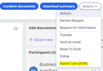 A screenshot from the Business Connect portal demonstrating how to export data in JSON format.