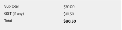 A screenshot from the Busness Connect portal payment screen that now clearly shows a GST exclusive subtotal, the GST followed by the total.