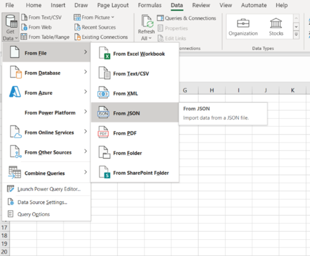 Screenshot of Microsoft Excel demonstrating the import of JSON data file exported from the Business Connect Case Management reporting area.