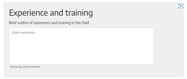 Text field is shown with text that reads: Experience and training – Brief outline of experience and training in this field – Enter experience