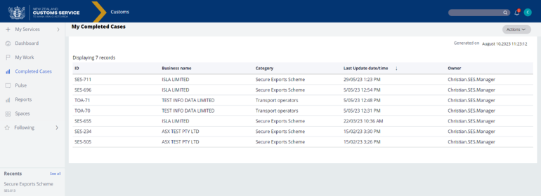 A screenshot of the dashboard on the case load list showing completed cases listed.