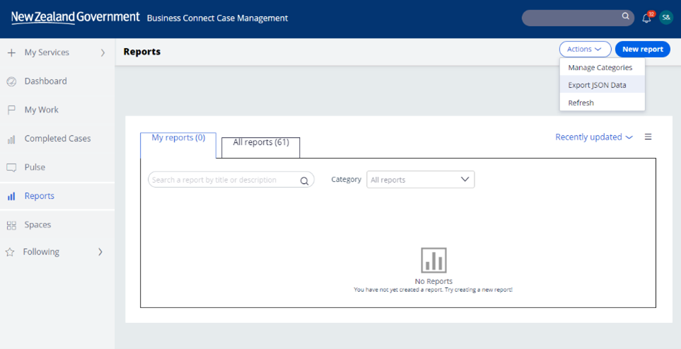 Screenshot from the Business Connect Case Management reports page demonstrating the download of form data.