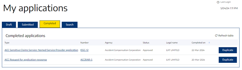 Screenshot from Business Connect customer platform ‘My applications’ section with ean example of duplicate record details.